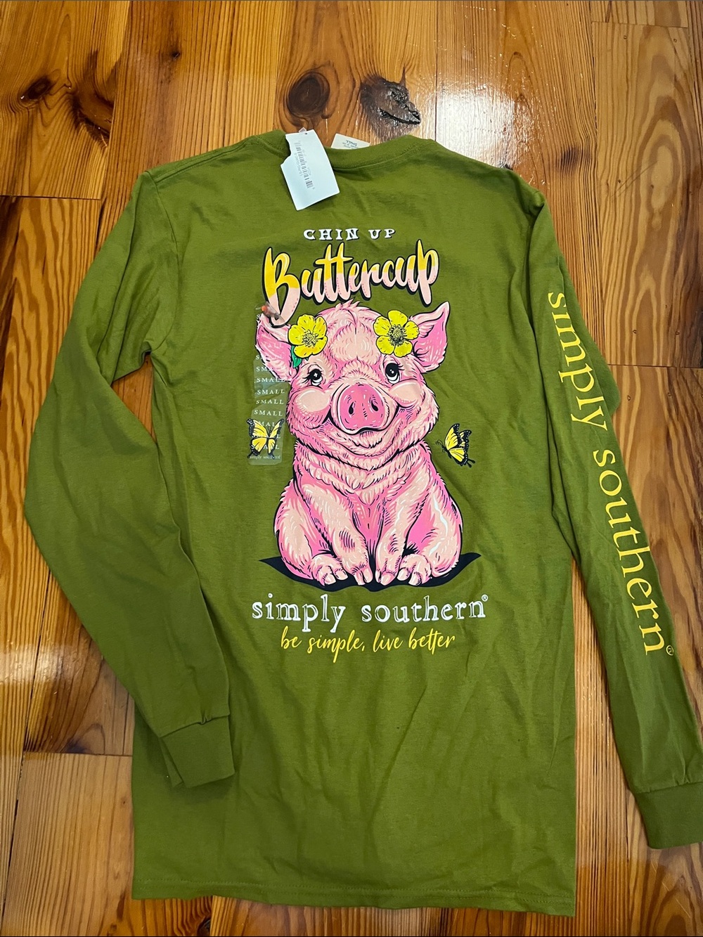 Simply Southern Olive Green Long Sleeve Tee with Pink Pig Graphic